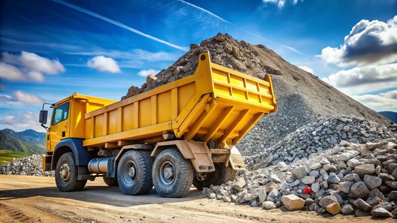 yellow dump truck with pile rocks background (1)